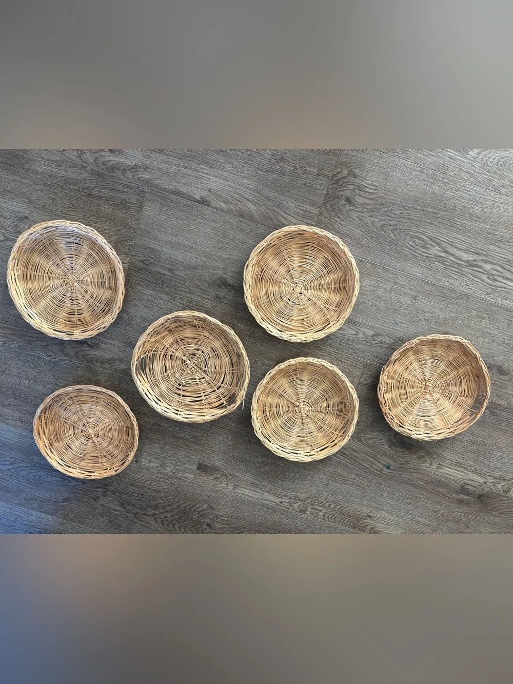 6 Rustic Wicker Basket Plates Rattan Flat Chargers Basket Wall Collage Vintage